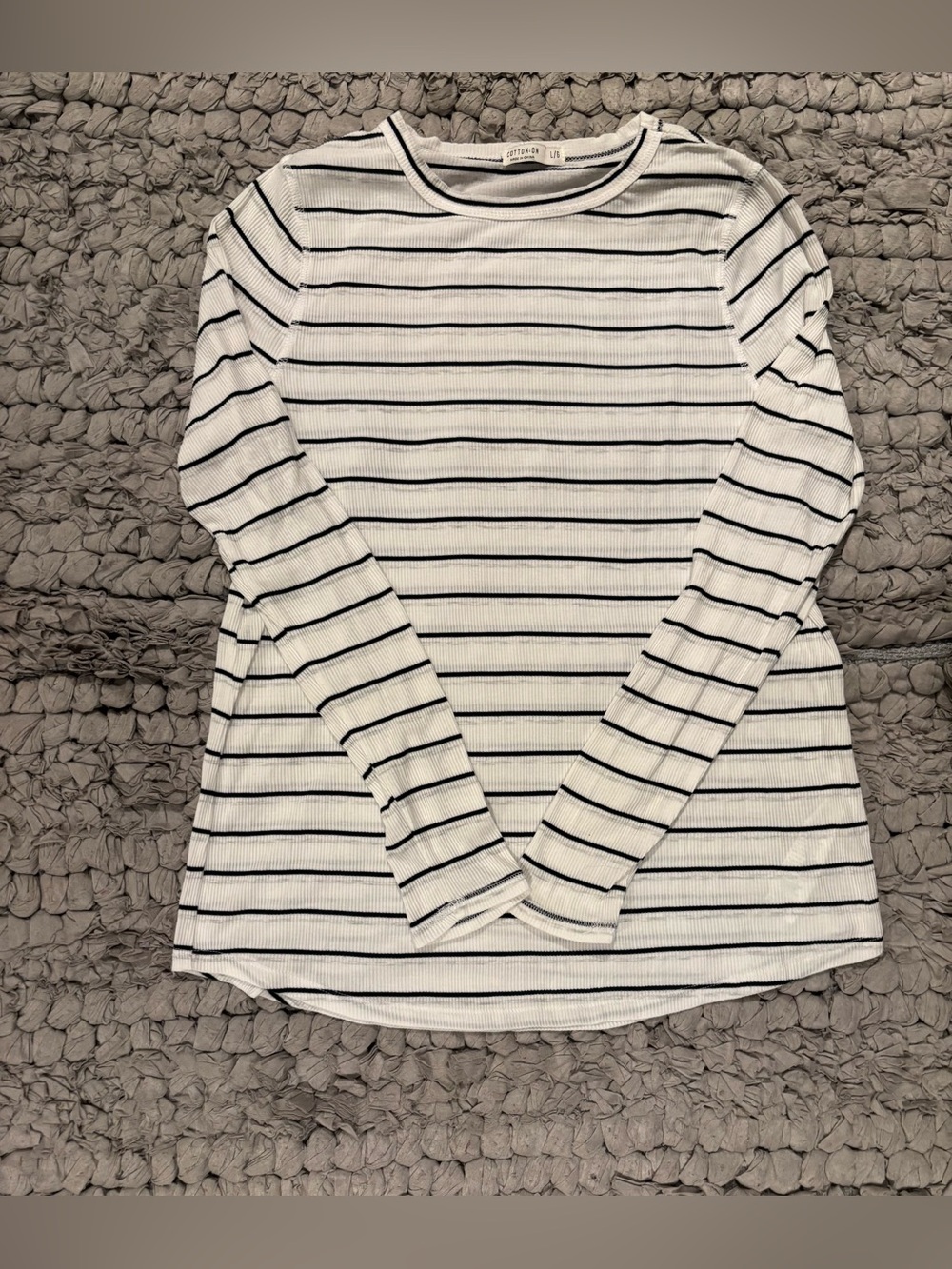 Cotton On White Long-Sleeve Ribbed Top with Black and Light Grey Stripes